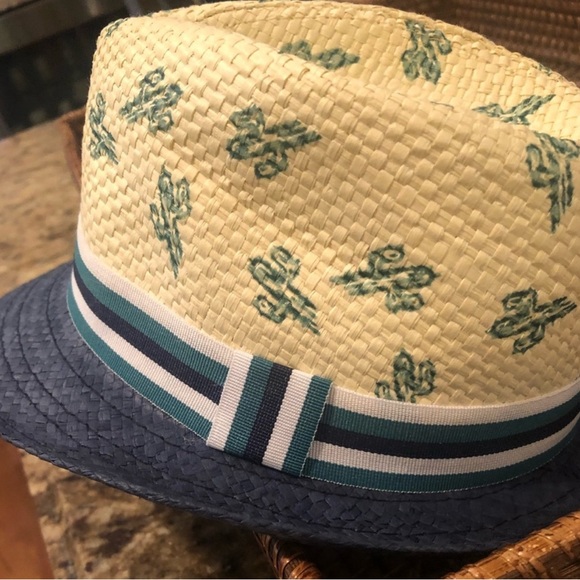 Toddler Cream and Blue Fedora Hat with Tropical Pattern - Picture 2 of 8